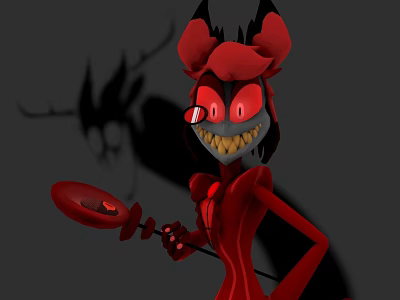 Red Demon Game Character With Horns Red Eyes And Eyepatch Holding Spoon In Gray Background 3d model