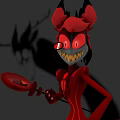 Red Demon Game Character With Horns Red Eyes And Eyepatch Holding Spoon In Gray Background