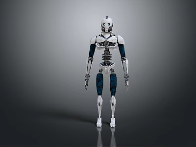 White And Blue Humanoid Robot With Mechanical Joints Standing On Reflective Surface 3d model