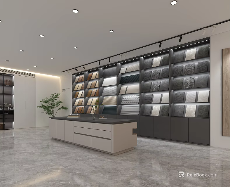 Modern Showroom Display Cabinets and Shelves with Wood Stone Panel Samples and Central Counter 3d model 