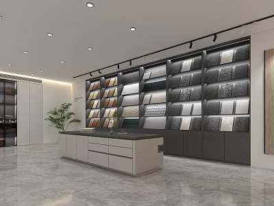 Modern Showroom Display Cabinets and Shelves with Wood Stone Panel Samples and Central Counter 3d model