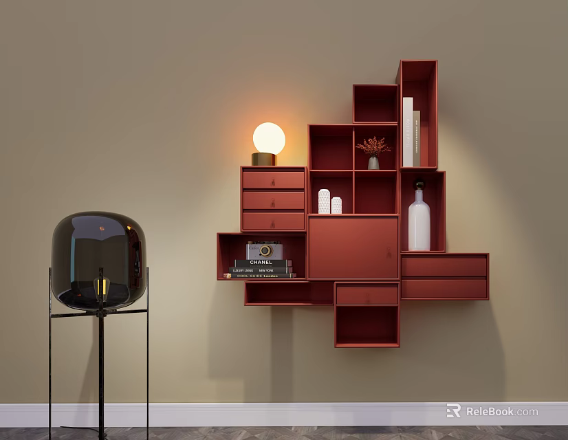 Red Wall Mounted Decorative Cabinet With Multiple Compartments And Decor Items In Modern Room 3d model 