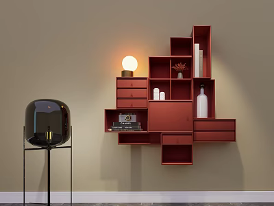 Red Wall Mounted Decorative Cabinet With Multiple Compartments And Decor Items In Modern Room 3d model