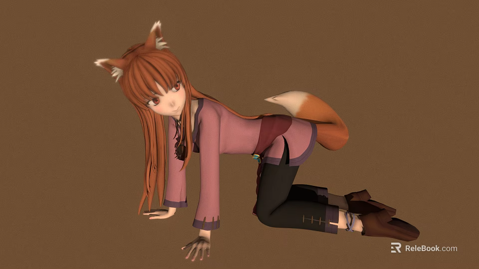Anime Fox Girl Crawling With Pink Top Black Pants Fox Ears And Tail 3d model 