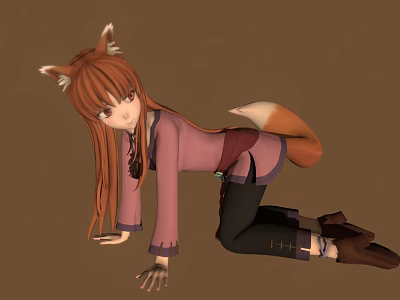 Anime Fox Girl Crawling With Pink Top Black Pants Fox Ears And Tail 3d model