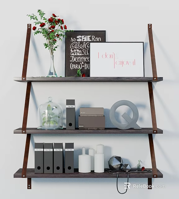 Three Tiered Shelf Decorative Ornaments Set With Vase Chalkboard Signs And Metal Decor 3d model 