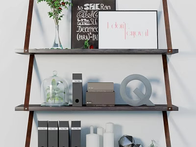 Three Tiered Shelf Decorative Ornaments Set With Vase Chalkboard Signs And Metal Decor 3d model