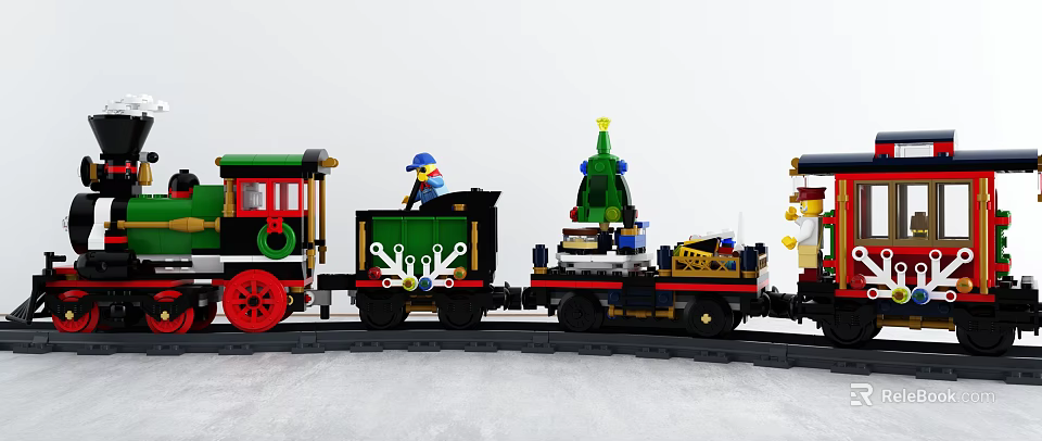 Electric Toy Train On Track With Green Black Carriages Christmas Tree And Toy Figures 3d model 