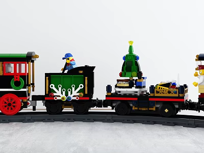 Electric Toy Train On Track With Green Black Carriages Christmas Tree And Toy Figures 3d model