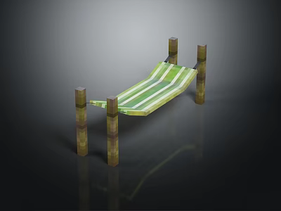 Green and White Striped Hammock Supported by Four Wooden Posts for Relaxation 3d model