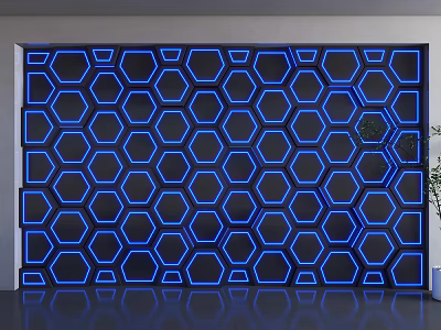 Modern Sofa Background Wall With Blue Hexagon Pattern And LED Lighting 3d model