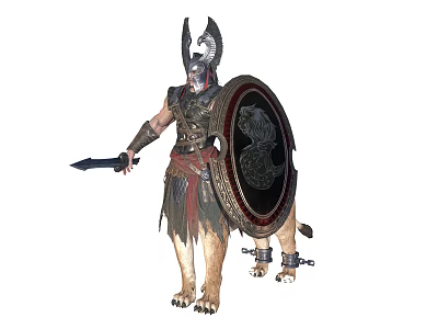 Armored Warrior With Horned Helmet Spear And Shield Riding Mythical Creature With Claws And Chains 3d model