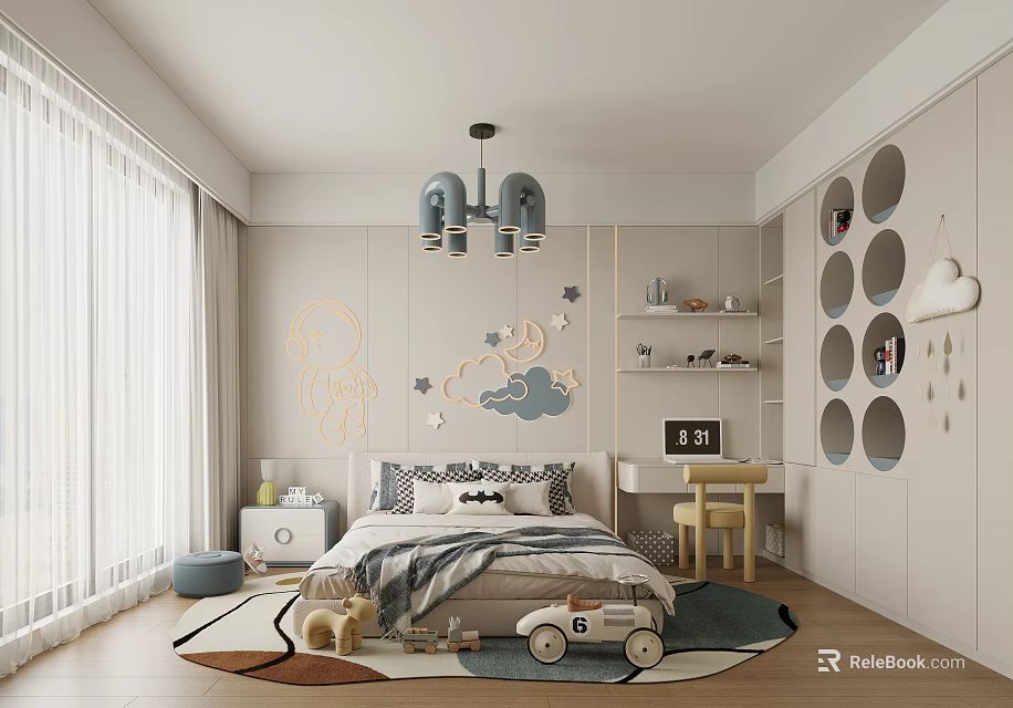 Cozy Modern Kids Room Featuring Decorative Star Moon Wall Bed Desk Toy Car And Chandelier 3d model 