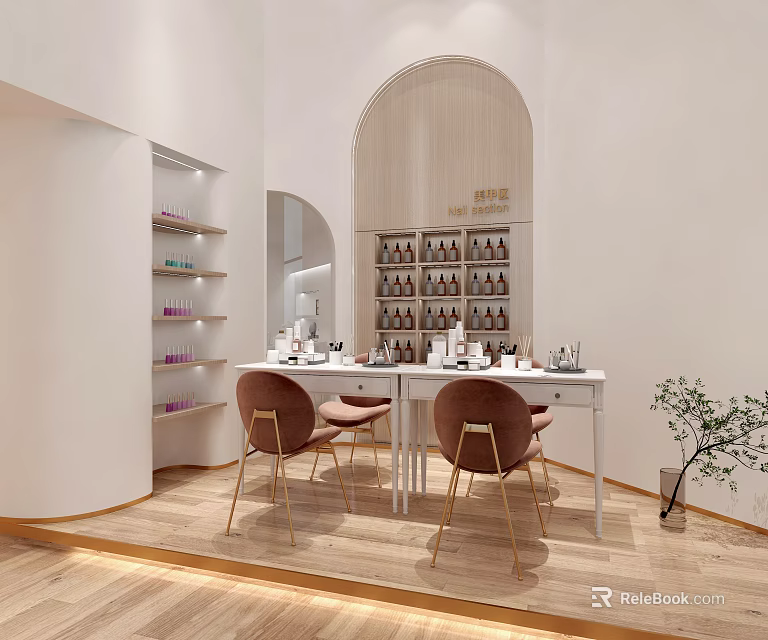 Modern Beauty Salon Interior Design With Arched Doorway Wooden Shelves And Beauty Products 3d model 