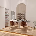 Modern Beauty Salon Interior Design With Arched Doorway Wooden Shelves And Beauty Products