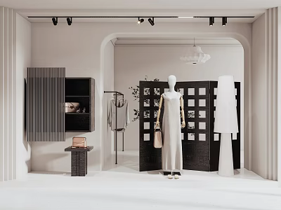 Fashion Retail Window Display Featuring Mannequins In Dresses And Minimalist Black White Decor 3d model