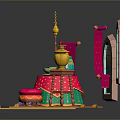 Colorful Arabian Dining Table With Teapot Cups Poufs Red Curtains And Arched Windows