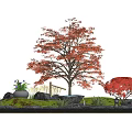Charming Garden Ornament with Red Leaved Trees Stones Grass and Purple Flowers in Black Pot