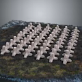 Neatly Arranged Stone Human Shaped Sculptures On Grassland With Puddles