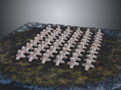 Neatly Arranged Stone Human Shaped Sculptures On Grassland With Puddles 3d model