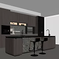 Modern Restaurant Open Kitchen Design With Dark Cabinets Island Counter And Bar Stools