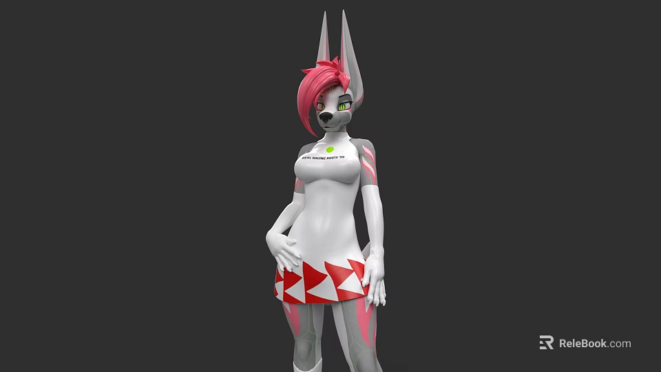 Game And Movie Character Pink Hair White Body Pointed Ears Green Eyes Red White Skirt 3d model 
