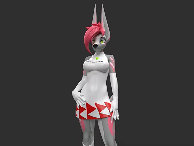 Game And Movie Character Pink Hair White Body Pointed Ears Green Eyes Red White Skirt 3d model