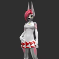 Game And Movie Character Pink Hair White Body Pointed Ears Green Eyes Red White Skirt