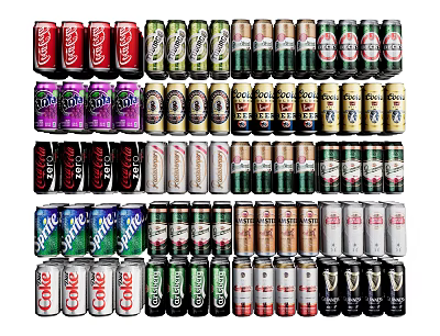 Assorted Canned Drinks With Various Brands Colorful Packaging And Multiple Flavors 3d model