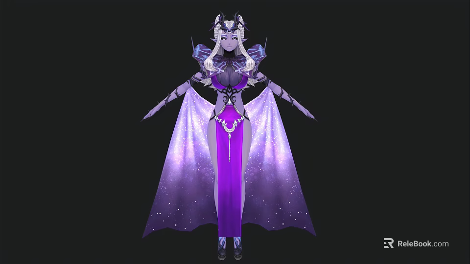 Game and Movie Character in Purple Sparkling Long Dress with Elaborate Headdress and Decorative Cloak 3d model 