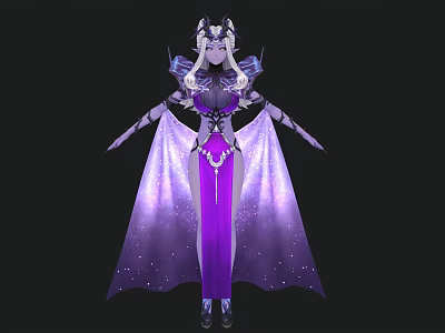 Game and Movie Character in Purple Sparkling Long Dress with Elaborate Headdress and Decorative Cloak 3d model