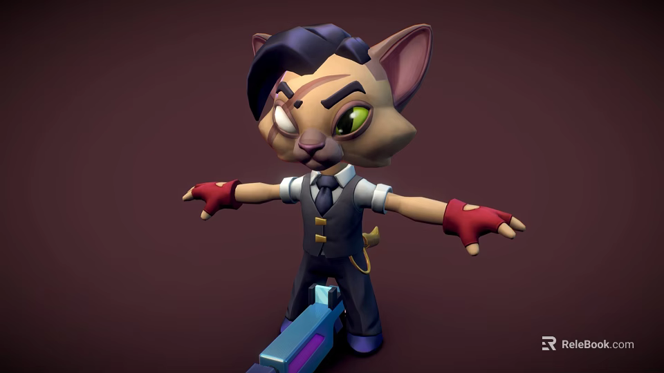 Cartoon Style Cat Game Character Wearing Vest Tie Red Gloves Arms Outstretched Holding Blue Tool 3d model 