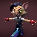 Cartoon Style Cat Game Character Wearing Vest Tie Red Gloves Arms Outstretched Holding Blue Tool
