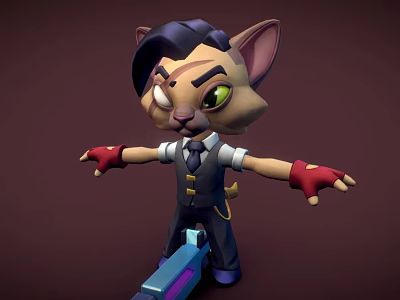Cartoon Style Cat Game Character Wearing Vest Tie Red Gloves Arms Outstretched Holding Blue Tool 3d model