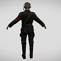 Man in Black Uniform Wearing Headphones With Badges Red Armband And Crossbody Bag Arms Outstretched