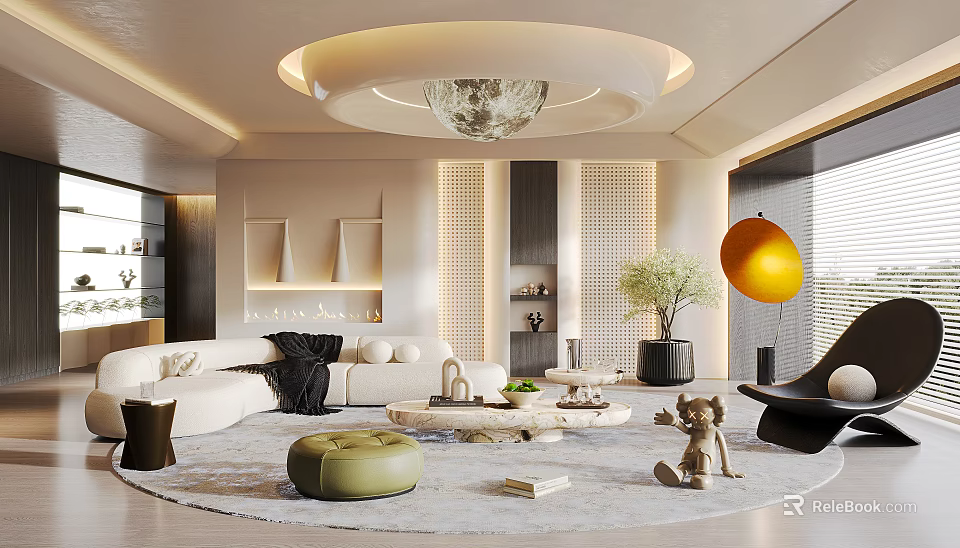 Modern Luxury Living Room Interior With White Sofa Round Chandelier Green Ottoman And Orange Decoration 3d model 