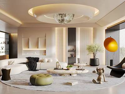 Modern Luxury Living Room Interior With White Sofa Round Chandelier Green Ottoman And Orange Decoration 3d model
