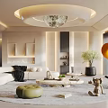 Modern Luxury Living Room Interior With White Sofa Round Chandelier Green Ottoman And Orange Decoration