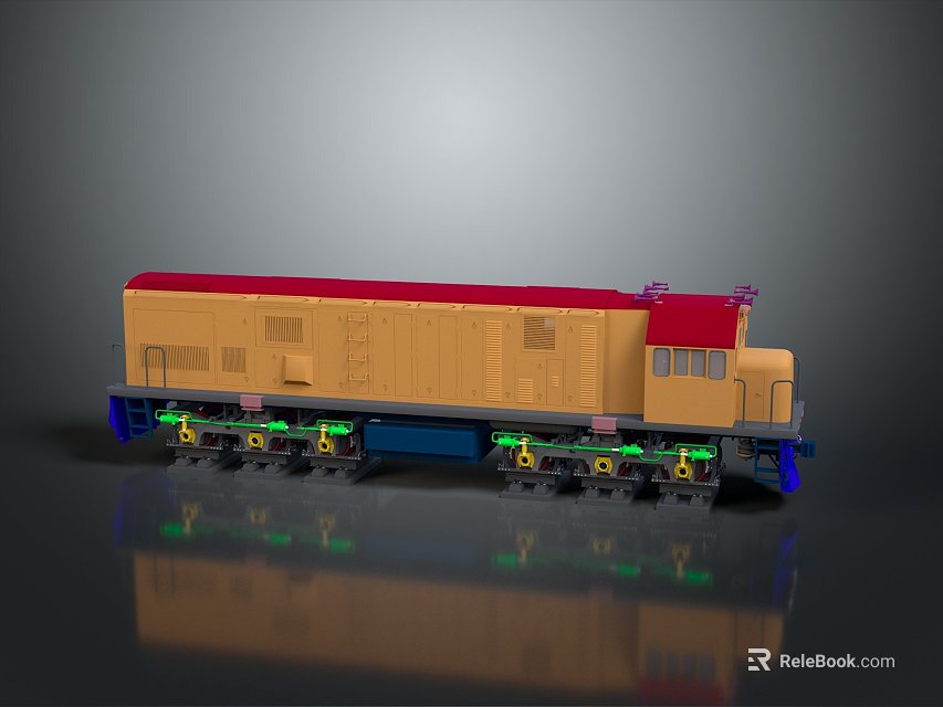 Detailed Yellow Model Train With Red Roof And Green Bottom Lights 3d model 