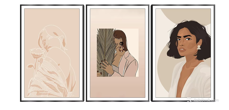 Set of Three Minimalist Portrait Illustrations With Palm Leaf Dark Curly Hair And Neutral Background 3d model 