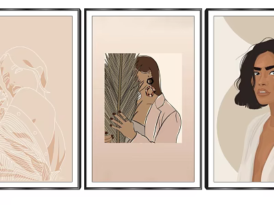 Set of Three Minimalist Portrait Illustrations With Palm Leaf Dark Curly Hair And Neutral Background 3d model