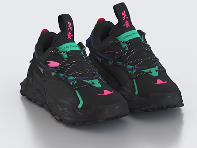 Stylish Black Sneakers With Green Accents Pink Details Chunky Sole And Modern Design 3d model