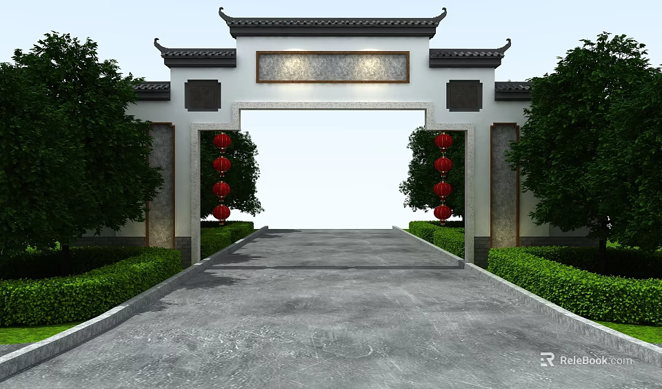 Traditional Chinese Archway Structure With Red Lanterns Green Trees And Stone Path 3d model 