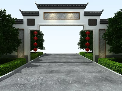 Traditional Chinese Archway Structure With Red Lanterns Green Trees And Stone Path 3d model