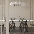 Modern Dining Table Set With Round Tabletop Black Chairs And White Globe Chandelier 3d model