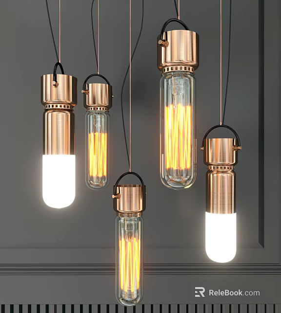Modern Copper Glass Pendant Lights With Illuminated Bulbs In Different Styles 3d model 