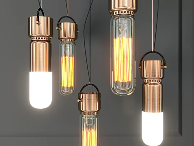 Modern Copper Glass Pendant Lights With Illuminated Bulbs In Different Styles 3d model