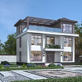 Two Story Detached Villa With White Exterior Brown Roof Balcony Glass Railings Garden Green Plants Stone Pavement Blue Sky