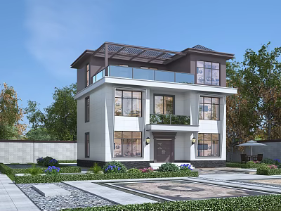 Two Story Detached Villa With White Exterior Brown Roof Balcony Glass Railings Garden Green Plants Stone Pavement Blue Sky 3d model