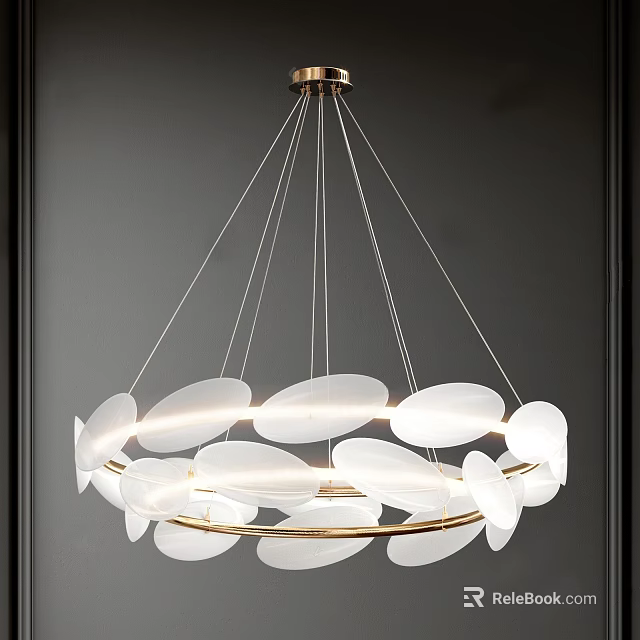 Modern Layered Chandelier With White Leaf Shaped Shades And Golden Metal Accents For Interior Decor 3d model 